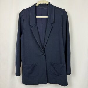 Garnet Hill Womens Sz 12 Navy Blue Casual Blazer Jacket Lined One Button Pockets